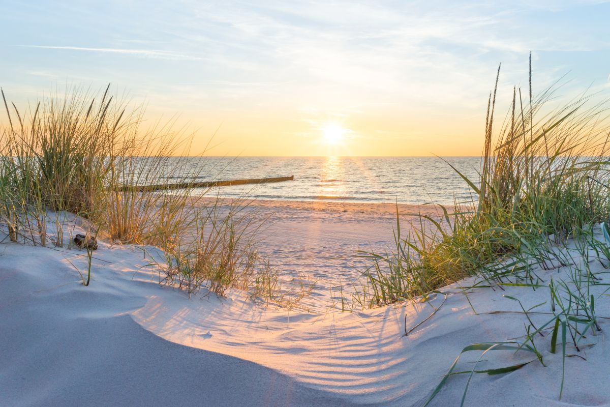 Ein Strand bei Sonnenuntergang.