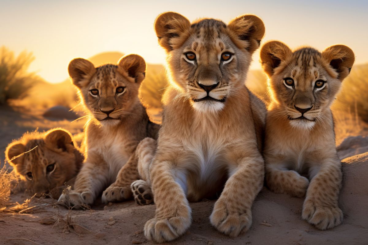 Eine Gruppe von Löwenjungen liegt im Sand, hinter ihnen geht die Sonne unter.