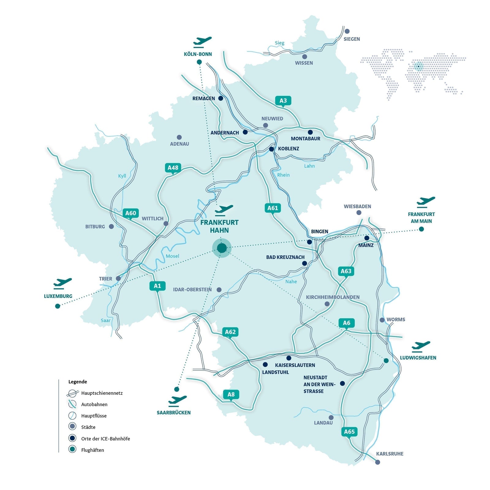 Eine Übersichtskarte mit dem Flughafen Hahn im Mittelpunkt.