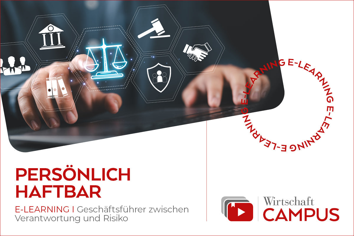 Titelbild im Layout des WIRTSCHAFT Campus. Grafisch dargestellte Rechtssymbole und eine menschliche Hand im Hintergrund, die auf die Waage tippt.