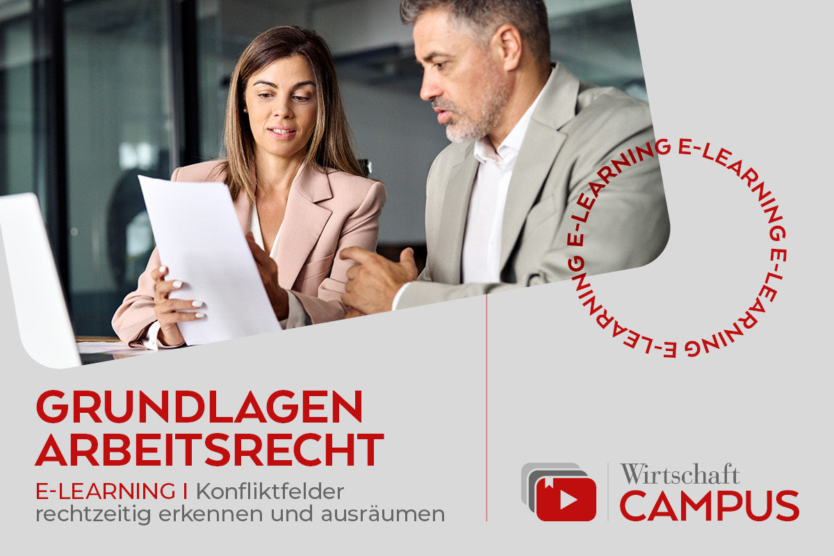 Das Thumbnail zum Thema Grundlagen Arbeitsrecht. Rote Schrift auf grauem Hintergrund mit dem WIRTSCHAFT Campus Logo unten rechts. Oben Links ein Bild, bei dem eine Frau mit langen blonden Haaren und einem rosa Blazer einem Mann etwas erklärt.