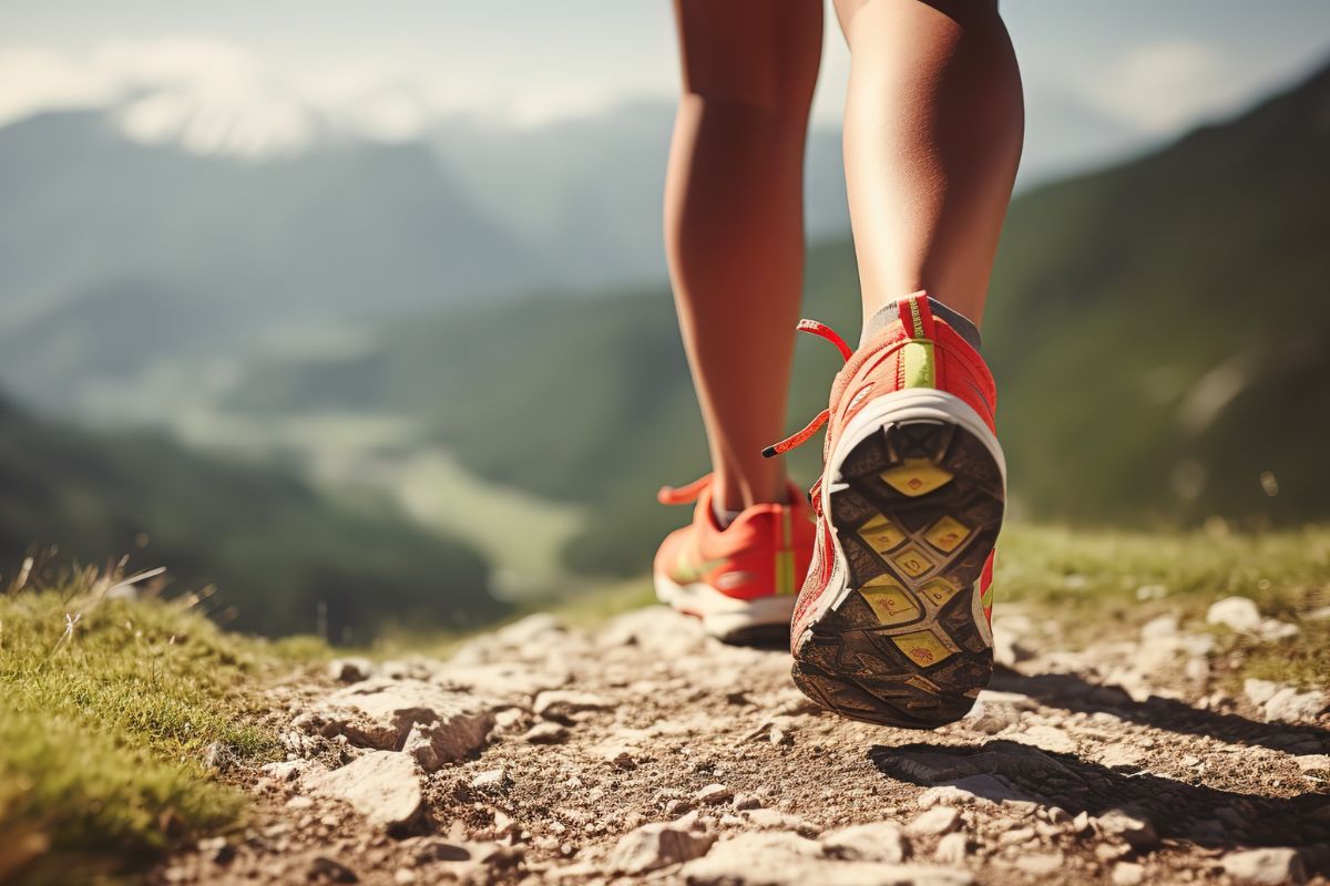 Eine Frau joggt einen steinigen pfad entlang, während die Sonne scheint.