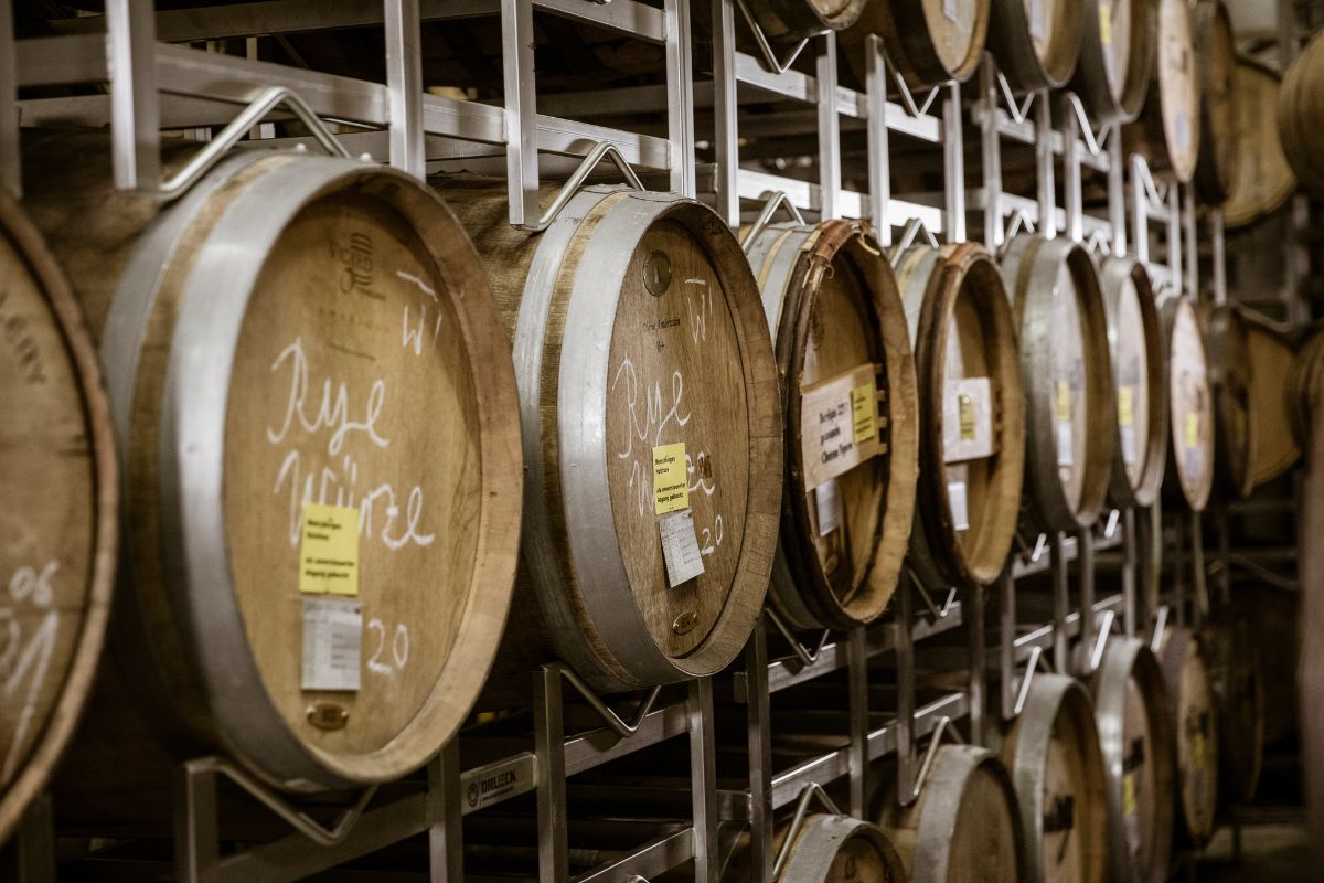 Fässer mit Alkohol liegen in entsprechenden Regalen ordentlich aufgereiht.