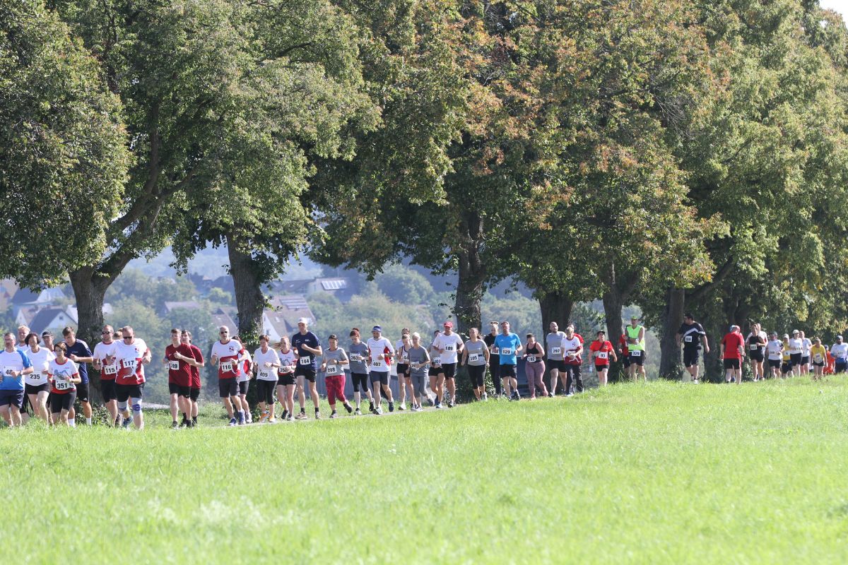 Eine große Läufergruppe des Birkenfelder Firmenlaufs läuft die Strecke an einem Feldweg entlang.