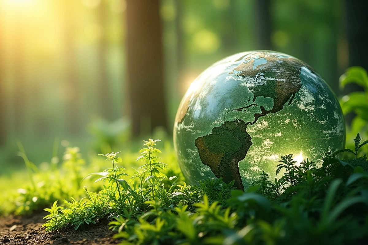 Globus auf Waldboden zwischen grünen Pflanzen, Symbol für Umweltbewusstsein und globale Verantwortung