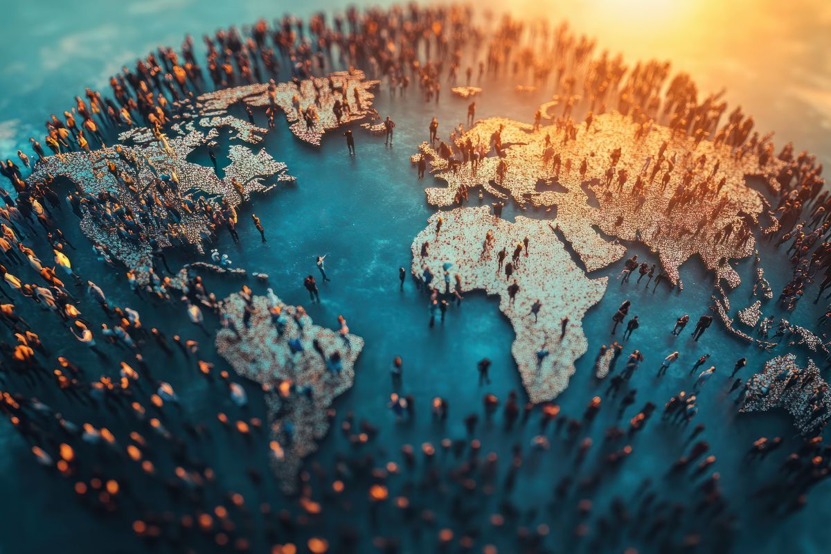 Eine kleine Erde, auf der viele große Menschen herumlaufen