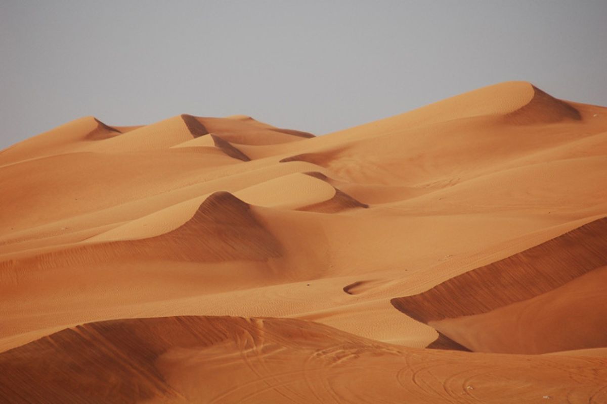 Sanfte, weitläufige Sanddünen erstrecken sich in der Wüste Dubais unter einem klaren Himmel. Die orangefarbenen Hügel aus feinem Sand bilden eine ruhige und atemberaubende Wüstenlandschaft.