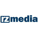 Das Logo von rz-media.de. Das "rz" ist ein weißer Schriftzug auf blauem Grund, rechts daneben steht "meida", ebenfalls in blau.