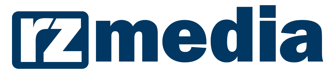 Logo von der rz-Media in dunkelblau und weiß.