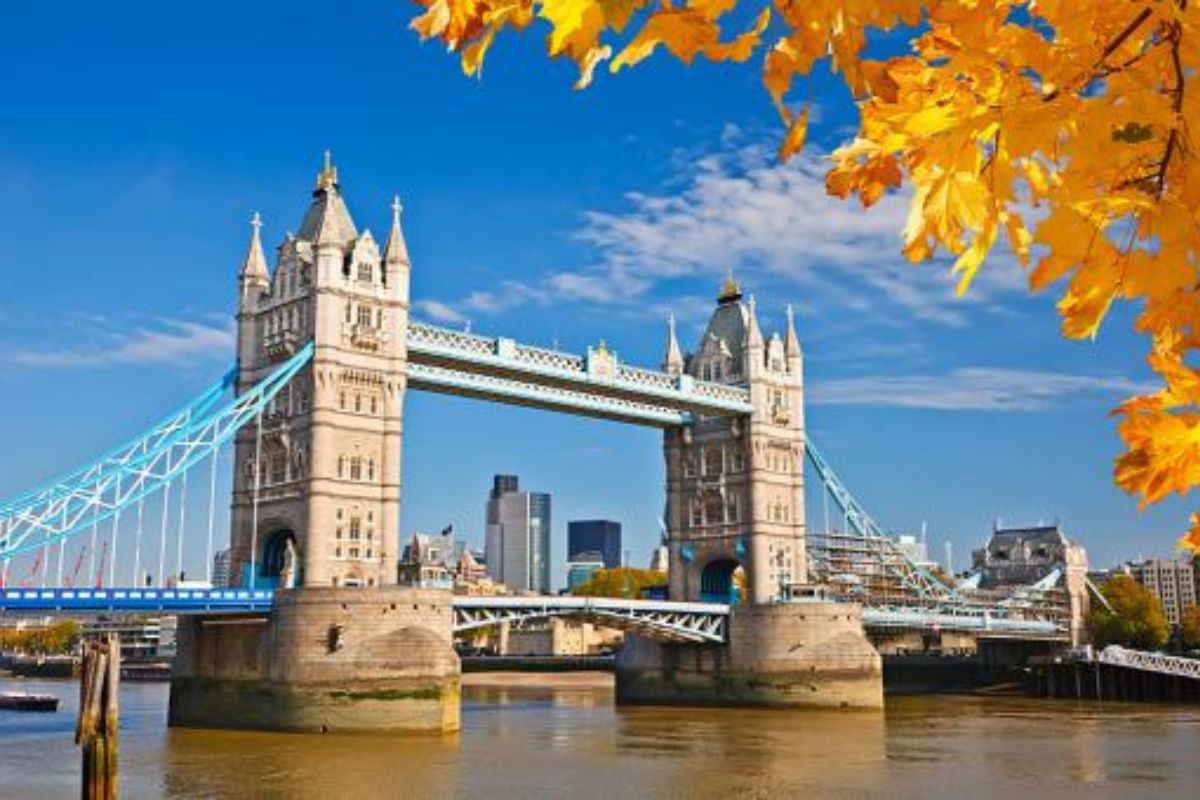 Die ikonische Tower Bridge in London bei klarem, blauem Himmel, mit gelben Herbstblättern im Vordergrund. Die Brücke spannt sich über die Themse, und die moderne Skyline der Stadt ist im Hintergrund zu sehen.