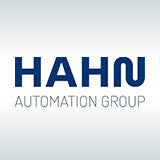 Logo von Hahn Automation Group auf grauem Hintergrund.