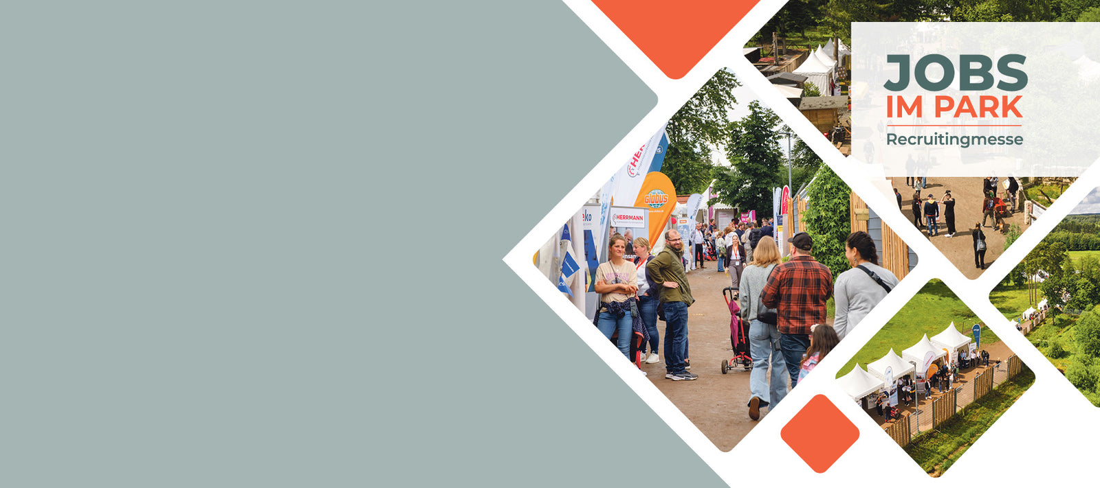 Titelbild der Messe Jobs im Park. Links befindet sich ein einfarbiger blaugrauer Hintergrund, rechts in Kacheln angeordnet Bilder der letzten Messe. Oben rechts ist das Logo der Messe sichtbar.