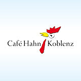 Logo von Café Hahn Koblenz auf hellblauem Hintergrund.