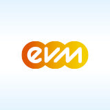 Logo der evm auf hellblauem Hintergrund.