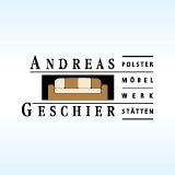 Logo von Andreas Geschier Polstermöbelwerkstätten auf hellblauem Hintergrund.