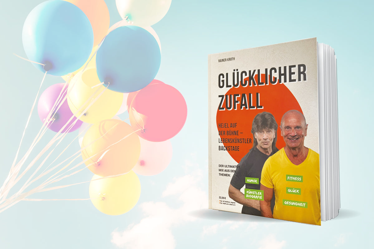 Buch &quot;Glücklicher Zufall&quot; von Rainer Kroth mit Abbildung zweier Männer auf dem Cover, daneben bunte Luftballons im Himmel