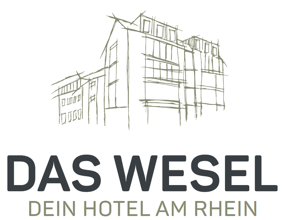Das Logo von 'Das Wesel, dein Hotel am Rhein' ist oben auf dem Bild. Man sieht die Umrisse des Hotels grob gezeichnet