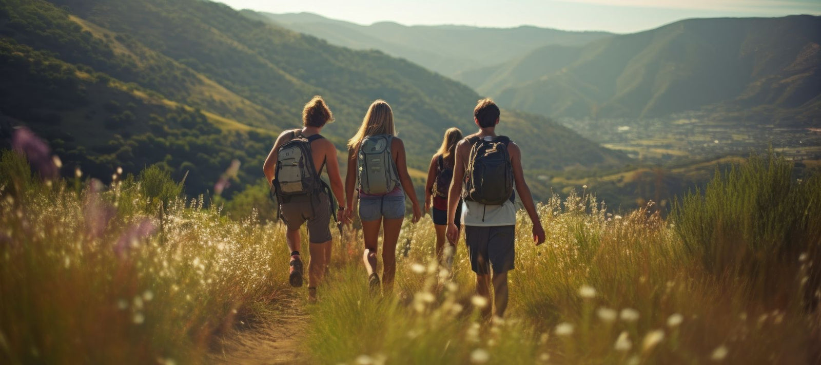 Eine gruppe von vier Personen die gerade am Wandern ist