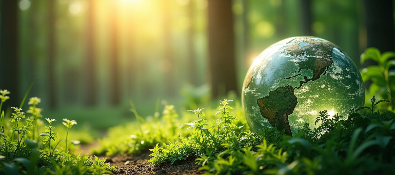 Globus auf Waldboden zwischen grünen Pflanzen, Symbol für Umweltbewusstsein und globale Verantwortung