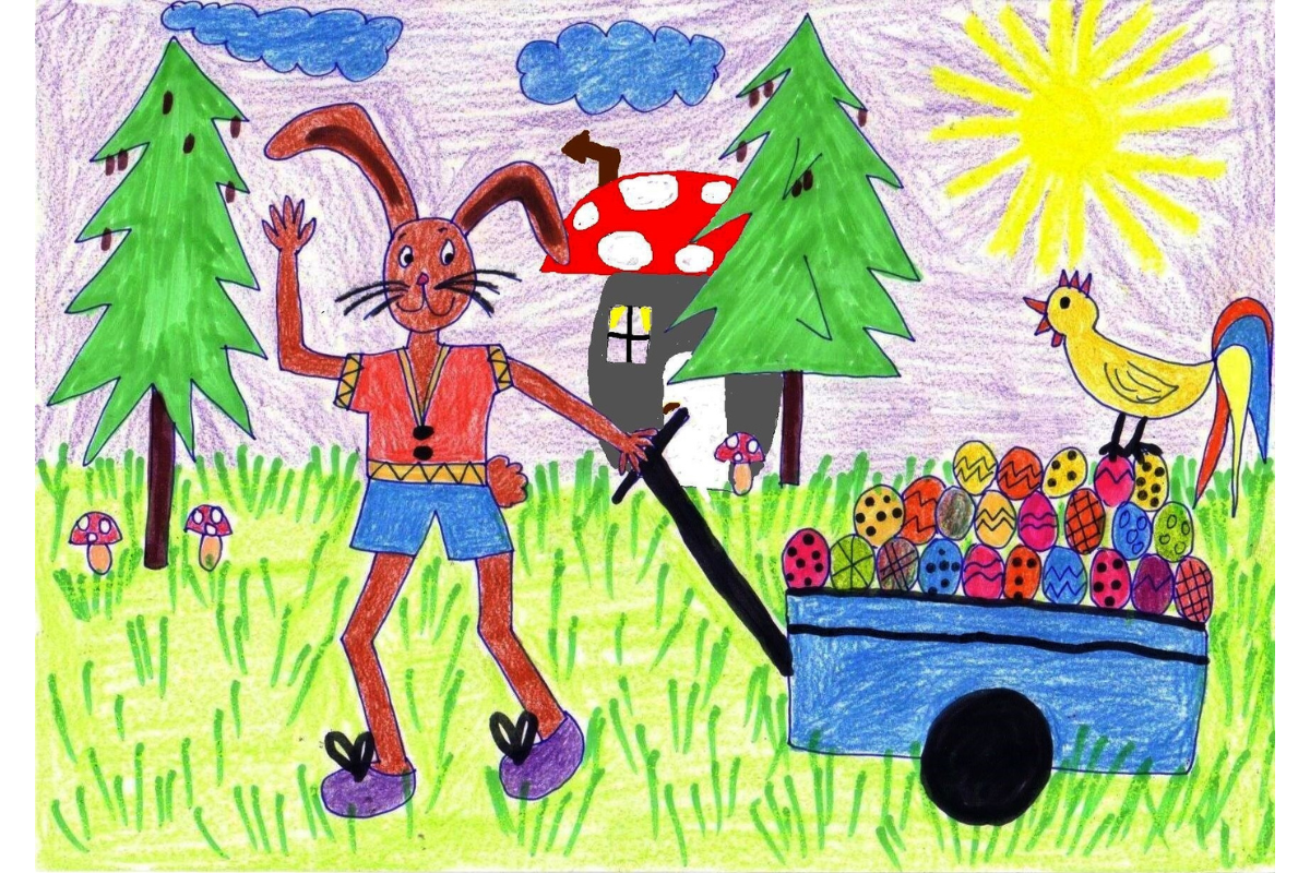 Ein Osterhase läuft mit einem Bollerwagen über eine Wiese. Auf dem Bollerwagen liegen viele Ostereier, und ein Hahn sitzt oben drauf.