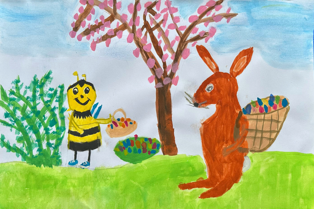 Summi und ein Hase laufen mit Körben voller Ostereier herum