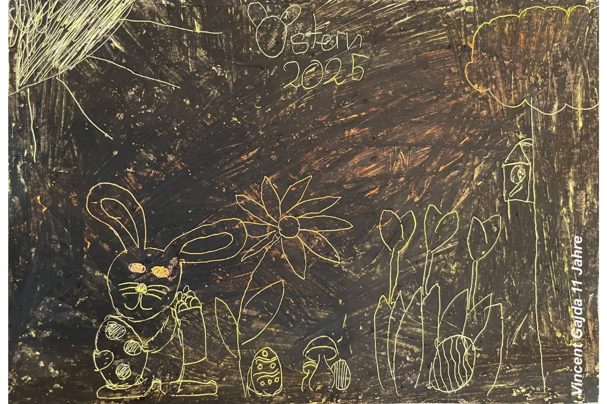 Ein Osterhase sucht gut versteckte Ostereier an einem sonnigen Frühlingstag