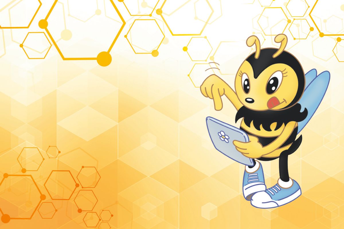 Die Summi-Sommerspaß-Biene, das Maskottchen der Rhein-Zeitung tippt fleißig auf einem Tablet herum. Der Hintergrund ist orange und Kacheln stellen Bienenwarben dar.