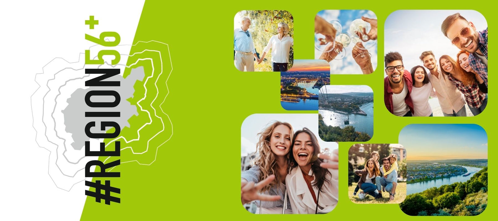 Verschiedene Bilder in einer Collage repräsentieren die Koblenzer Region. Links daneben das Logo von r56+