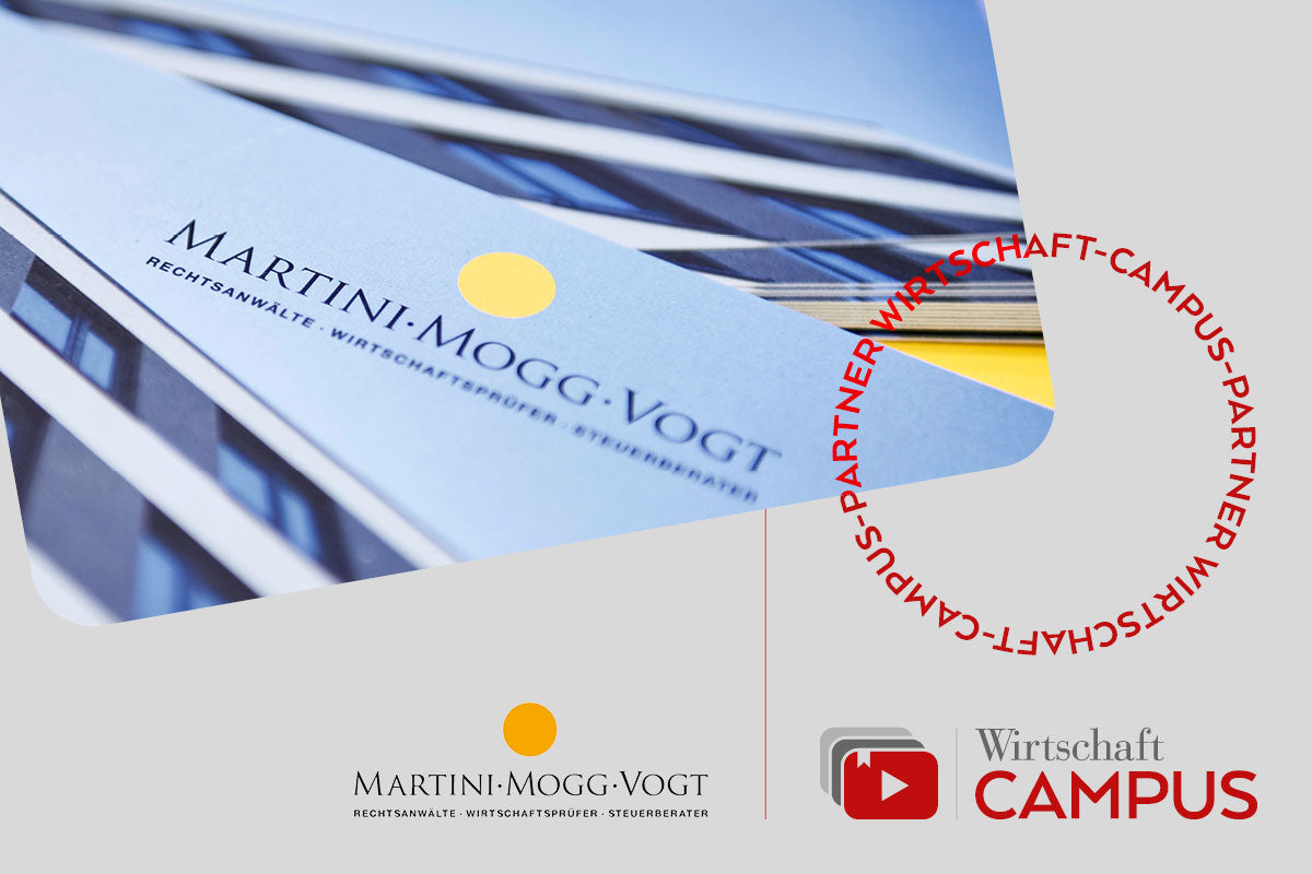 Wirtschaft Campus Logo/ Im oberen Linken teil sieht man mehrere häfte mit der Aufschrift Martini Mogg Vogt/ mittig rechts kreis mit Roter Schrift "Campus-Partner" 