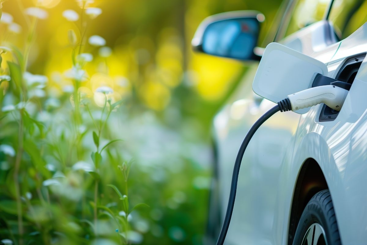 Ein Elektroauto wird an einer Ladestation in einer grünen, naturnahen Umgebung aufgeladen, symbolisierend umweltfreundliche Mobilität.