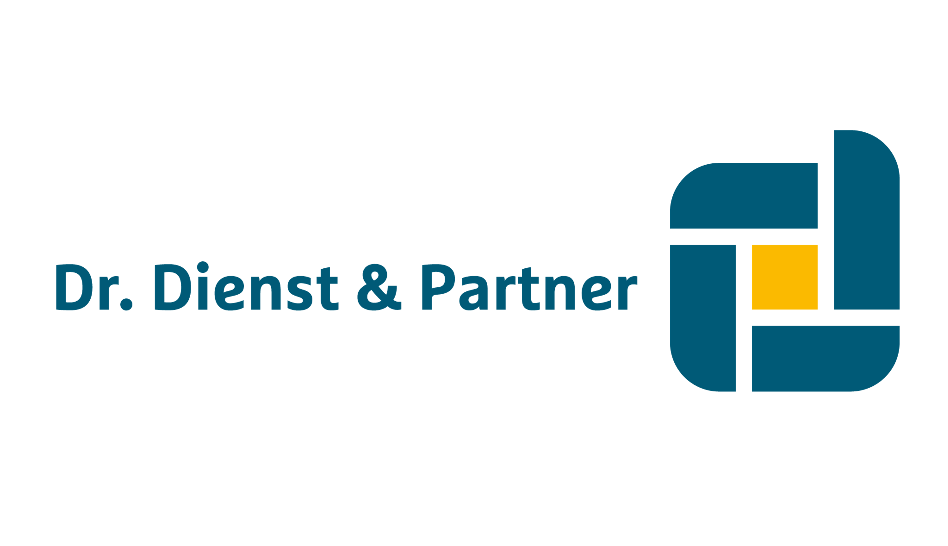 Logo Dr. Dienst & Partner mit blauem Schriftzug und geometrischem Symbol.