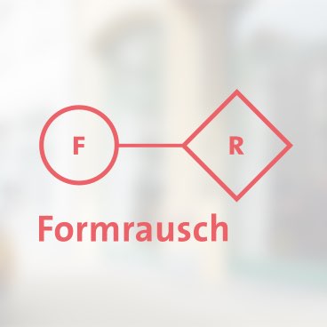 Logo von Formrausch in rot. Ein Kreis mit einem F ist durch eine gerade Linie verbunden mit einem Rechteck mit einem R. 