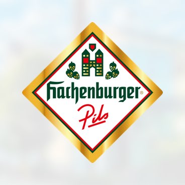 Logo der hachenburger Brauerei. Ein golden umrahmtes Viereck mit dem Logoschriftzug in der Mitte auf weißem Grund