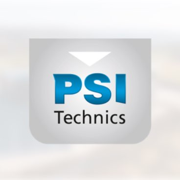 Logo von PSI Technics in blau, schwarz und weiß.