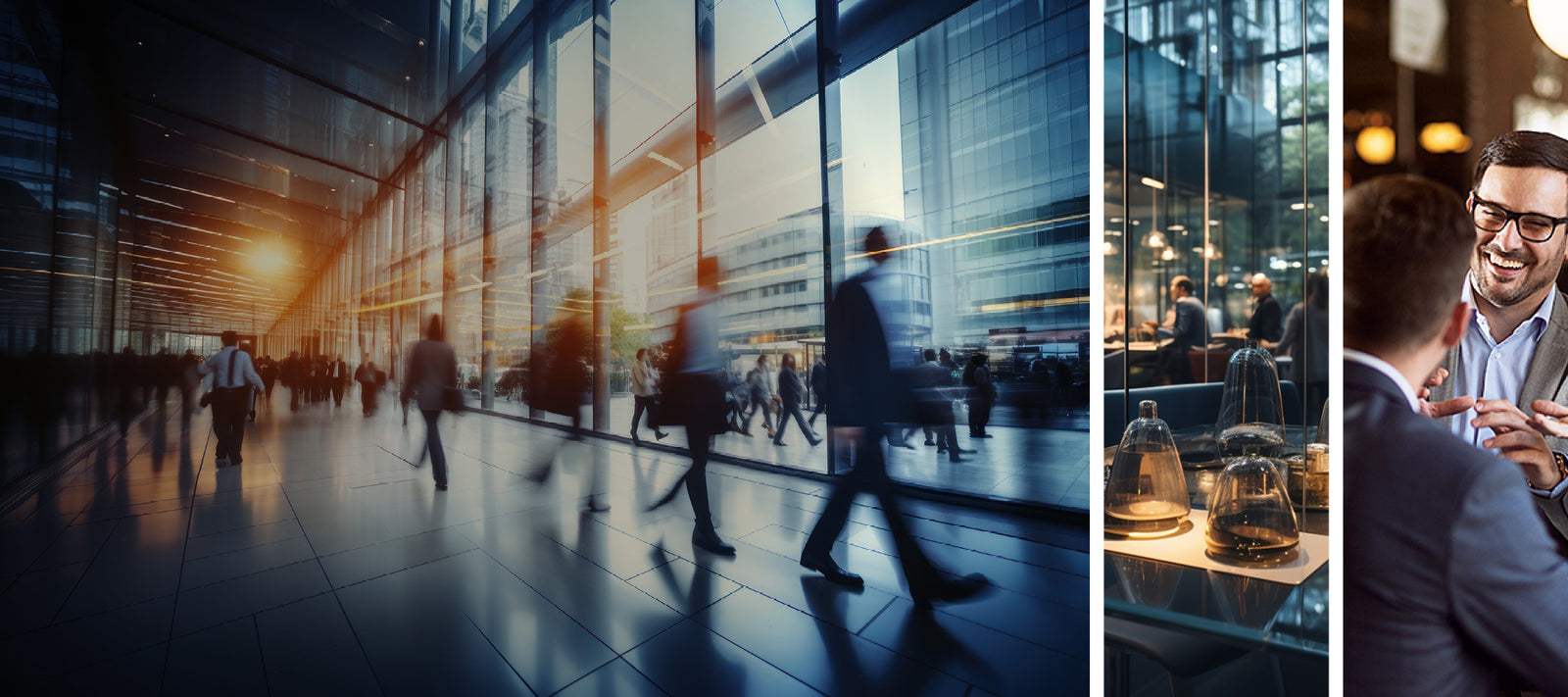 Der Slider für den Kongress- und Tagungsguide mit passenden Bildern, z. B. Geschäftsessen und Geschäftsleuten im Gebäude.