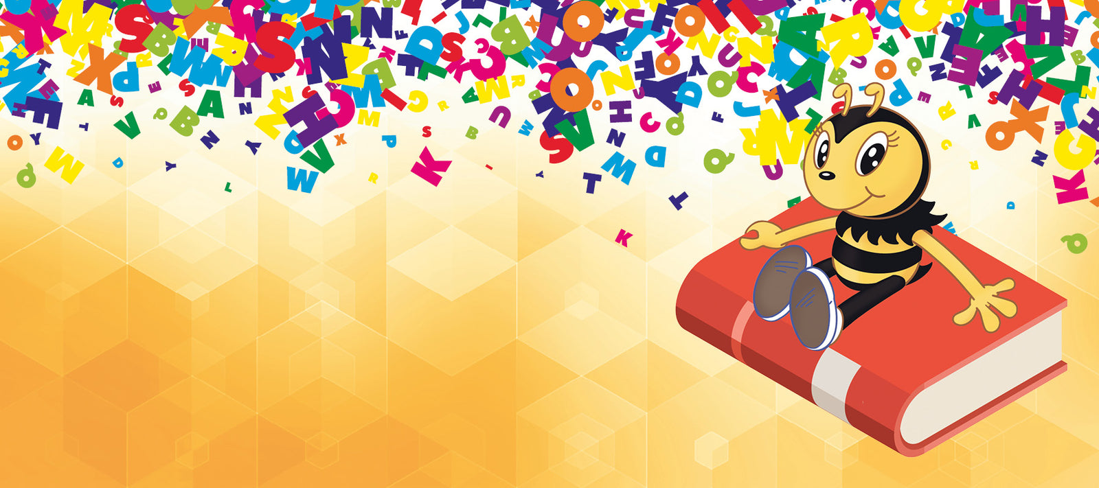 Die Summi sitzt auf einem Buch und freut sich auf ihr nächstes Buch. Im Hintergrund fliegen Buchstaben umher.
