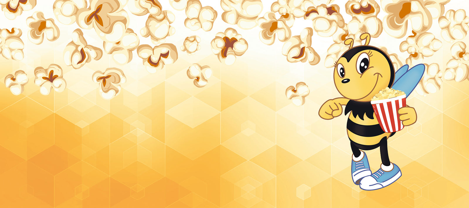 Die Summi Spaßbiene hält eine Tüte Popcorn in der Hand und freut sich auf den nächsten Film.