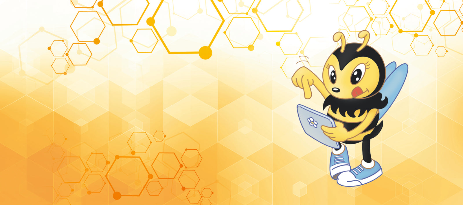 Ein gelber Hintergrund mit orangenen Highlights, die an Bienenwarben angelehnt sind. Rechts ist die Summi, welche mit viel Spaß auf einem Mobilgerät herumtippt.
