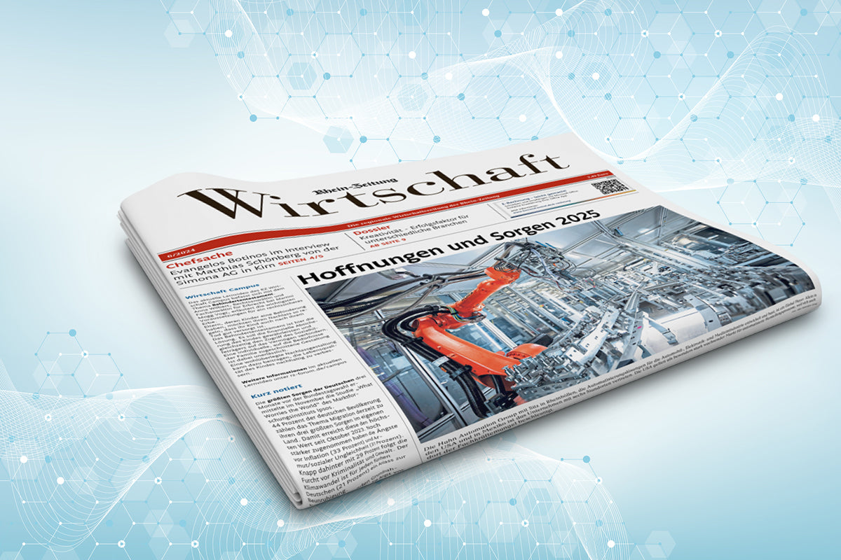 Die Zeitung &quot;Wirtschaft&quot; der Rhein-Zeitung auf einem Blauen Hintergrund, mit blau weißen Waben.