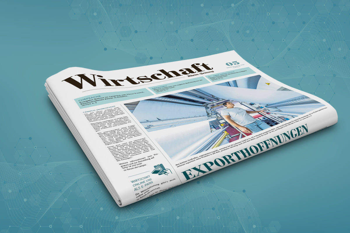 Gefaltete Titelsete der WIRTSCHAFT Ausgabe 5 2026 auf blauem Hintergrund.
