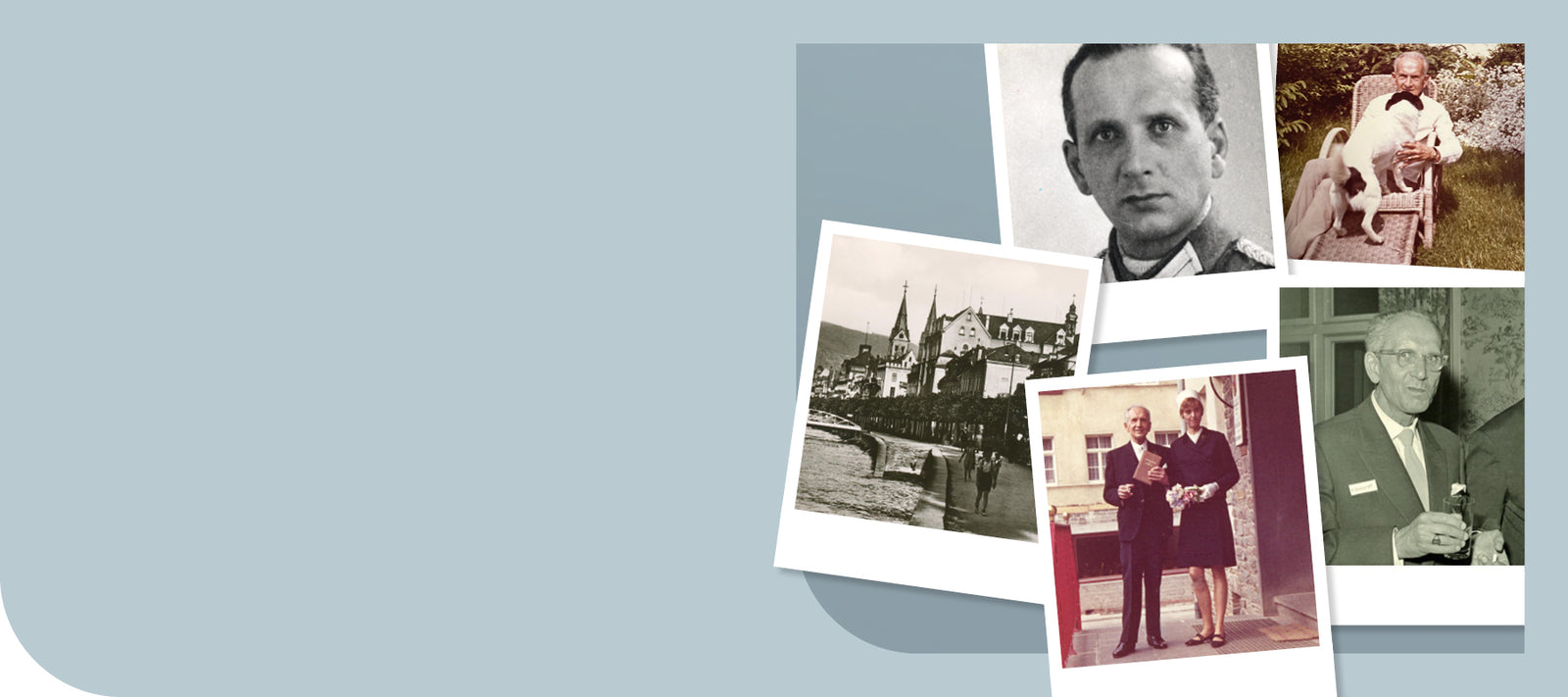 Historische Fotocollage mit Schwarz-Weiß- und Farbfotos, die eine Person, eine Stadtansicht und verschiedene Lebensabschnitte zeigt.
